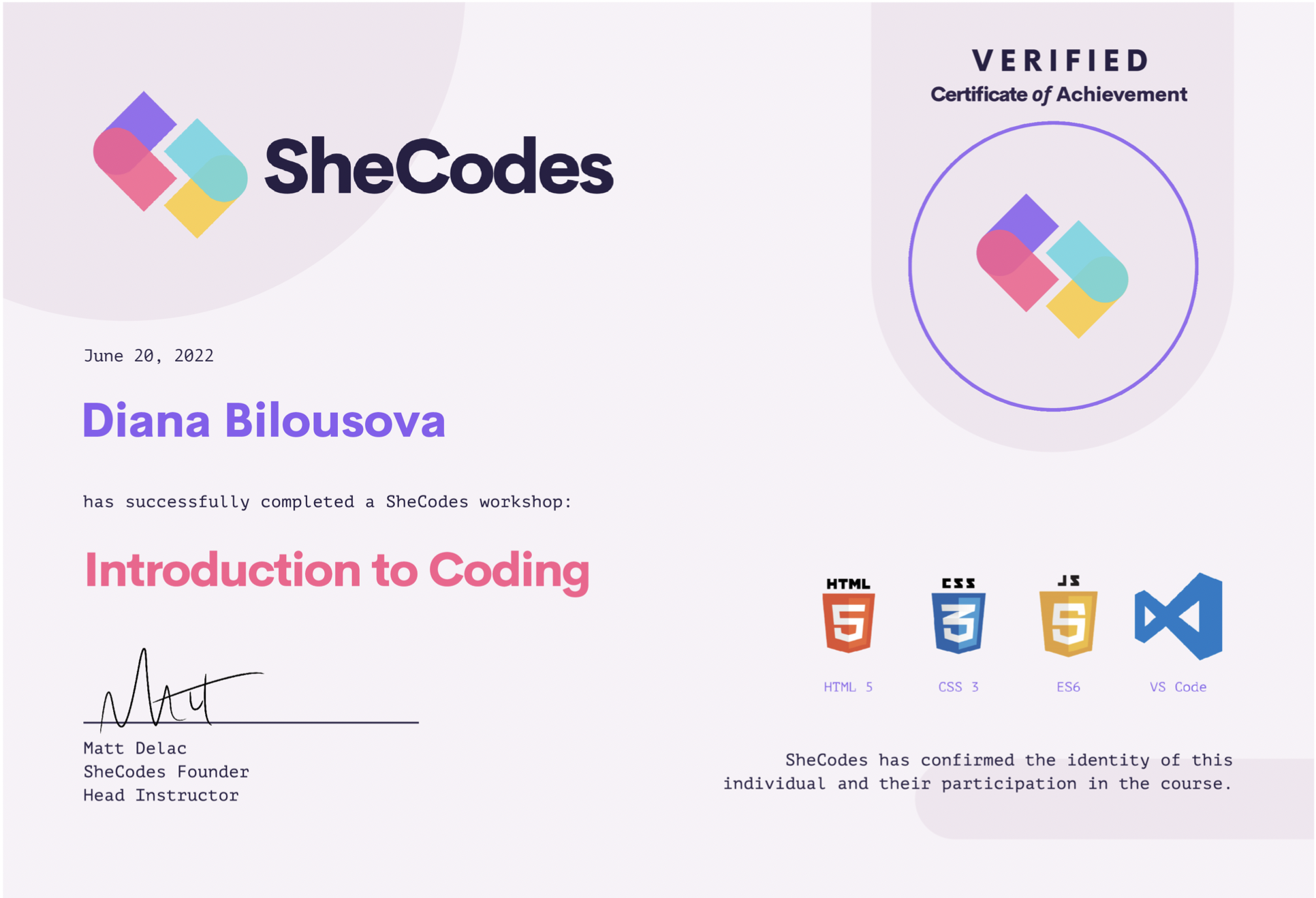 SheCodes Basics Certificate