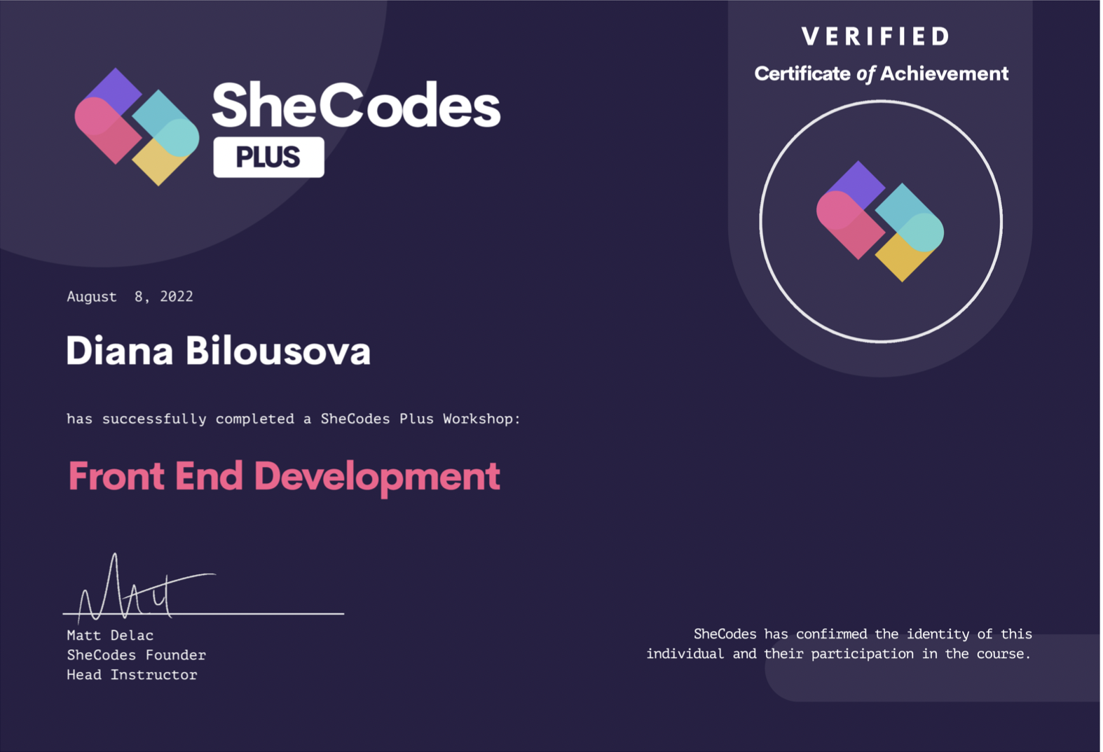 SheCodes Plus Certificate